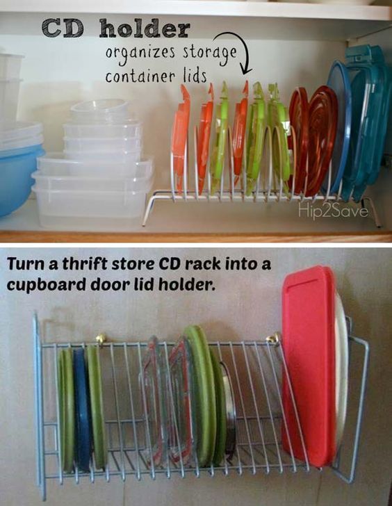 Use CD Racks to Store Tupperware Lids
